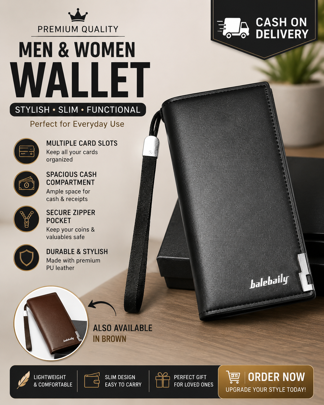 Balebaily Premium Long Leather Wallet for Men And Women – Multi-Slot Card Holder with Mobile & Zipper Pocket