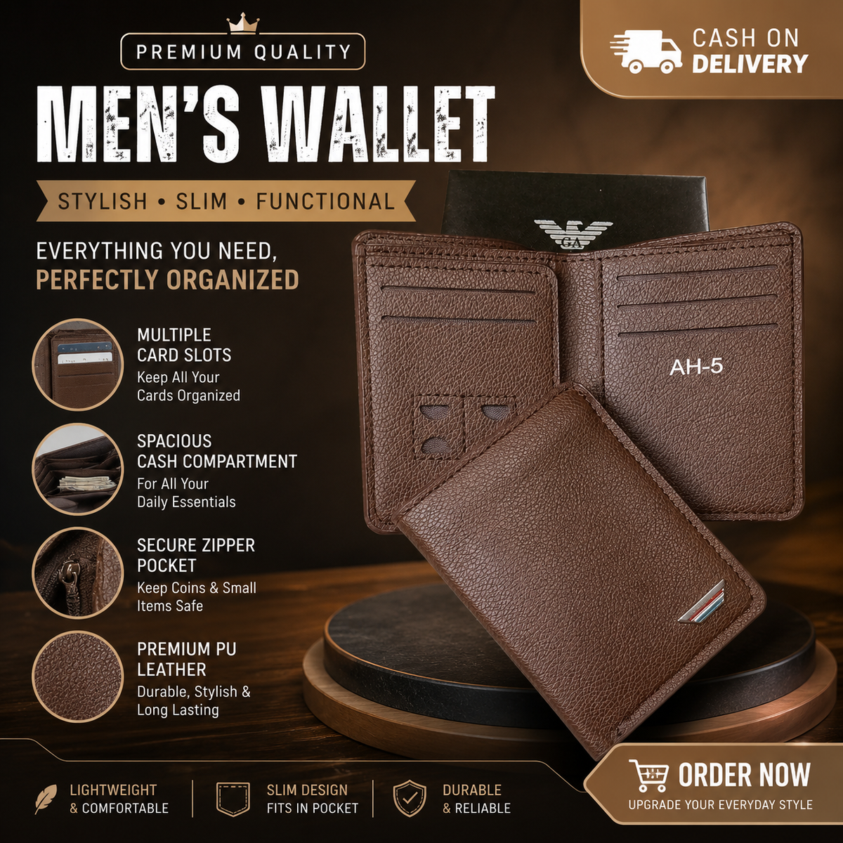 Slim Men's Black Textured Leather Wallet with Multiple Card Slots