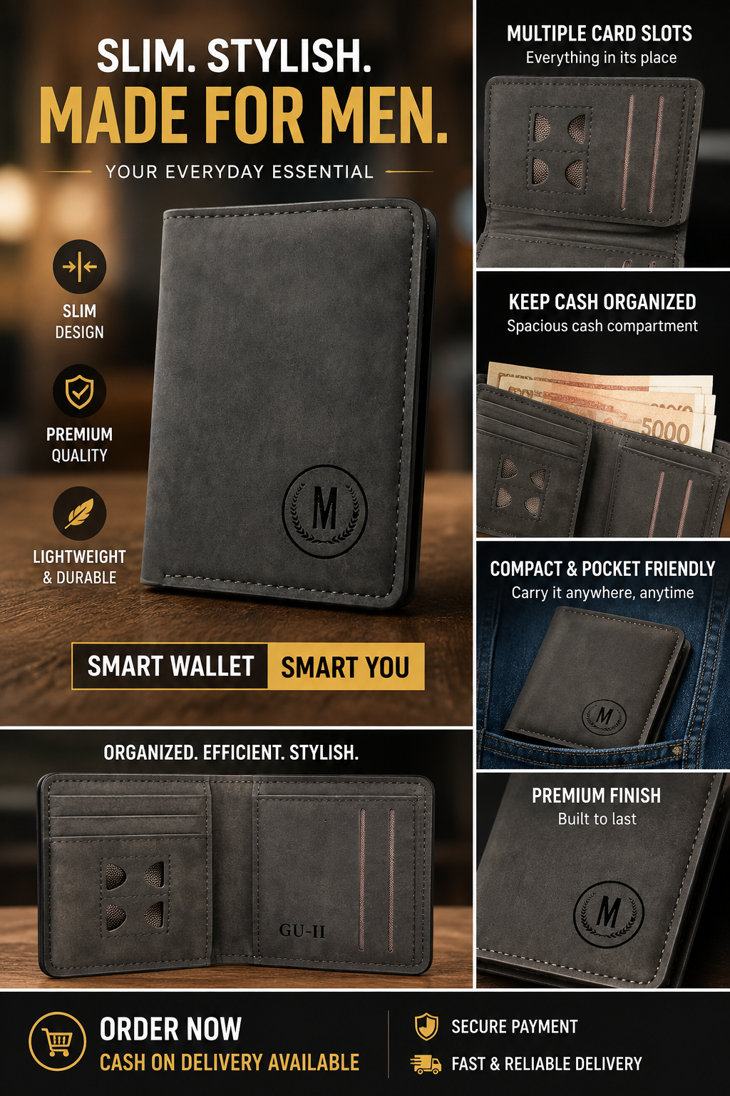 Slim Wallet for Men – Minimalist Bi-Fold Card Holder with Multi-Slots